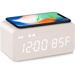Digital Wooden Alarm Clock with Wireless Charging 0-100% Dimmer, Dual Alarm
